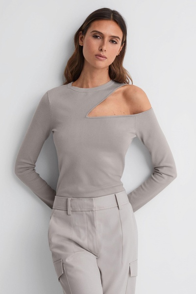 Fitted Cut-Out Long Sleeve Top in Stone