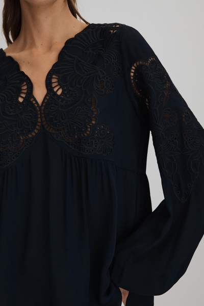 Lace Cut-Out Blouse in Navy