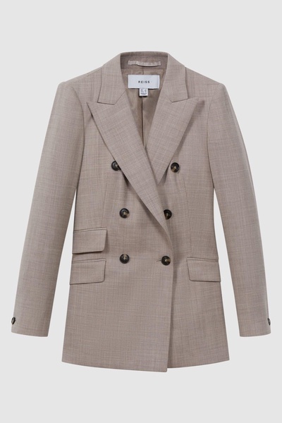 Tailored Wool Blend Double Breasted Suit Blazer in Oatmeal