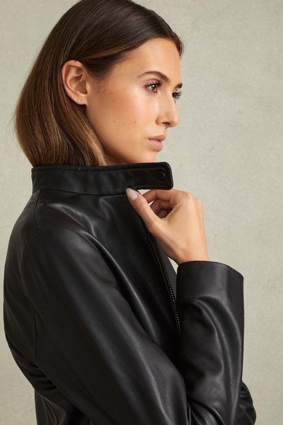 Darby Black Leather Zip-Front Biker Jacket