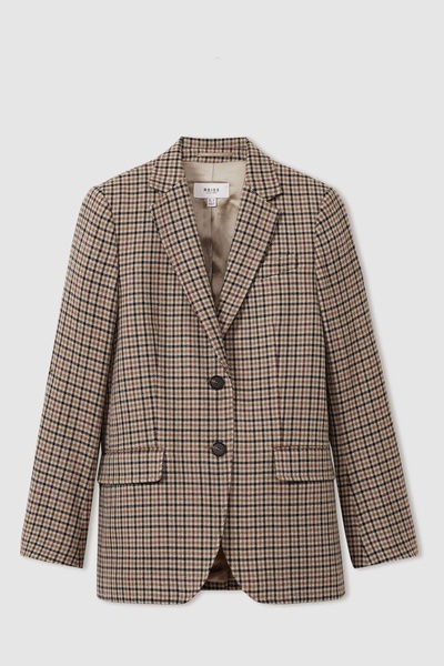 Wool Blend Checked Single Breasted Blazer in Natural Check