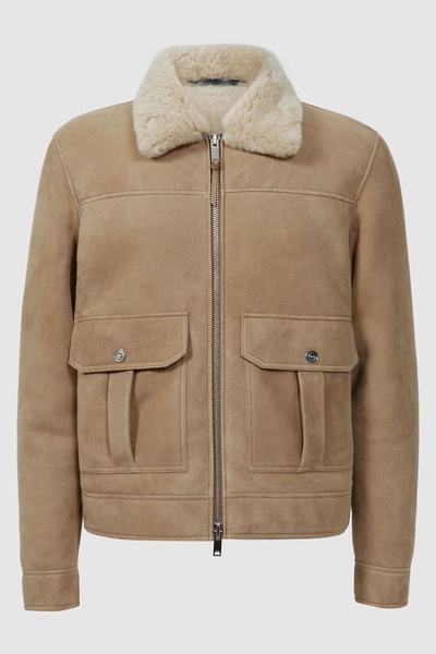 Suede Sheepskin Zip-Through Jacket in Stone