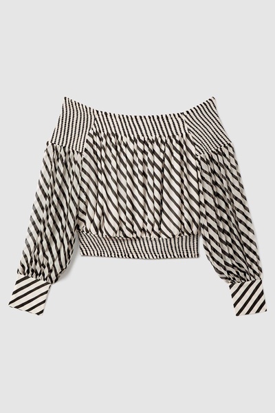 Striped Bardot Cropped Top in Black/Cream