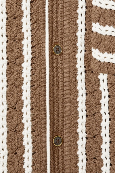 Oversized Crochet Striped Cuban Collar Shirt in Camel/White