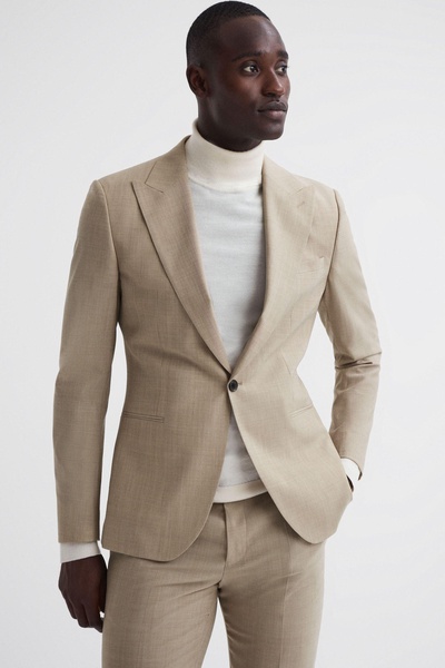 Slim Fit Single Breasted Wool Blend Blazer in Oatmeal