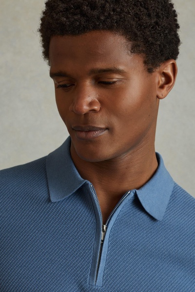 Textured Half-Zip Polo Shirt in Blue