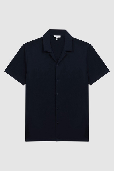 Mercerised 100% Cotton Jersey Cuban Collar Shirt in Navy