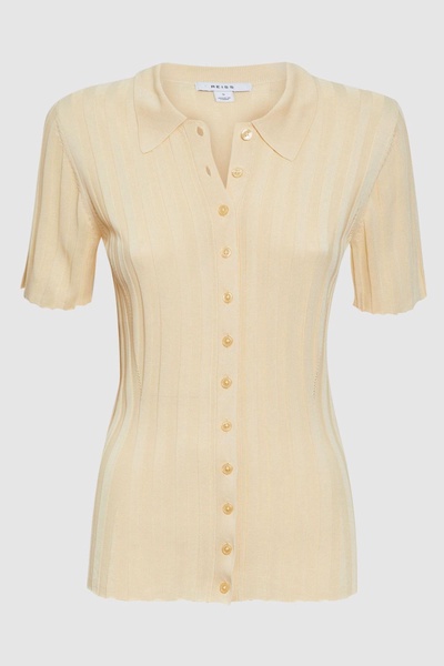 Fitted Striped Button Through T-Shirt in Lemon