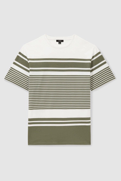 Mercerised Cotton Striped Crew Neck T-Shirt in White/Sage