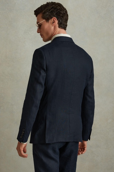 Double Breasted 100% Linen Slim Fit Blazer in Navy