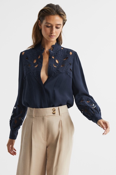 Lace Detail Shirt Blouse in Navy