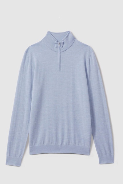 Merino Wool Half-Zip Funnel Neck Jumper in Soft Blue Melange