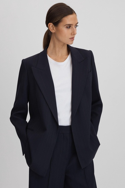 Wool Blend Single Breasted Pinstripe Blazer in Navy