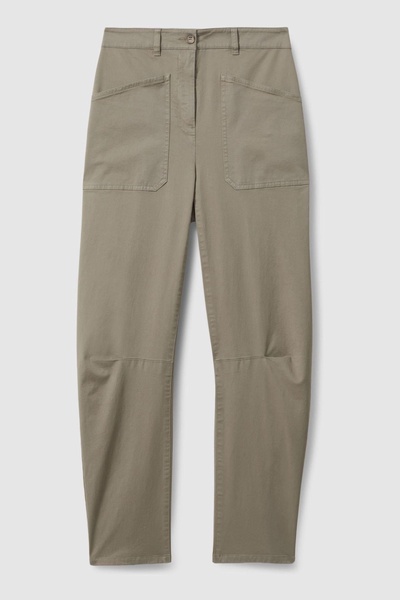 Cotton Blend Barrel Leg Trousers in Olive