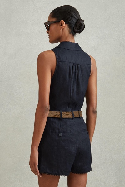 Linen Double Breasted Belted Playsuit in Navy