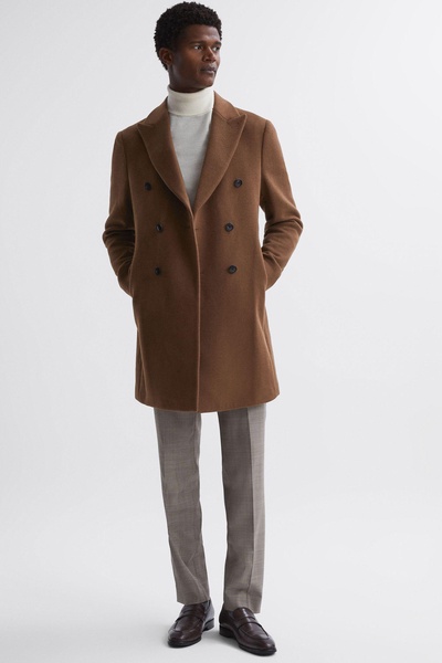 Wool Blend Double Breasted Epsom Coat in Tobacco