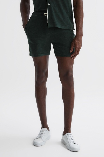 Towelling Drawstring Shorts in Dark Green