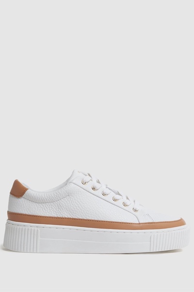 Grained Leather Platform Trainers in Camel/White