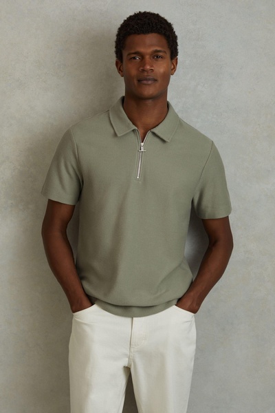 Textured Cotton Half-Zip Polo Shirt in Pistachio