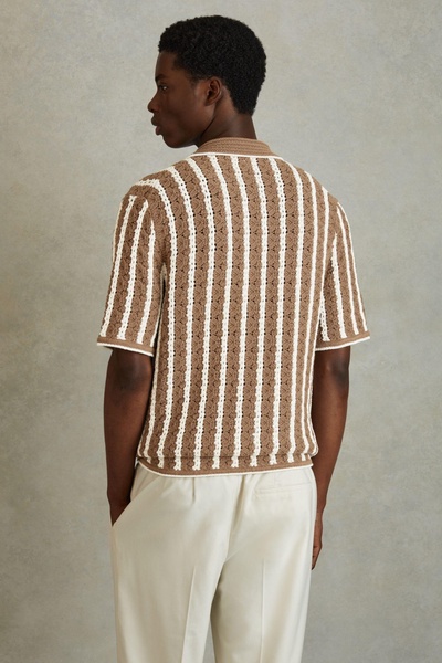 Oversized Crochet Striped Cuban Collar Shirt in Camel/White