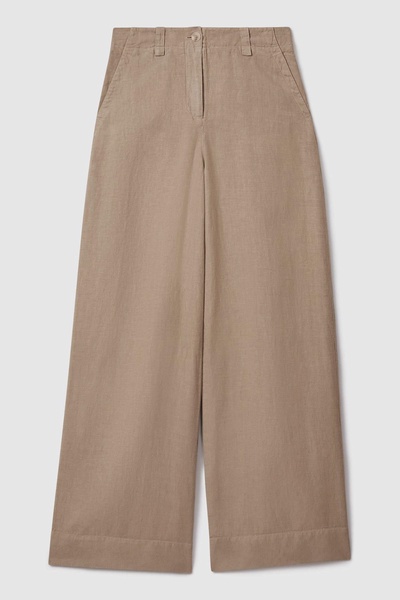 Linen Wide Leg Garment Dyed Trousers in Mink Neutral