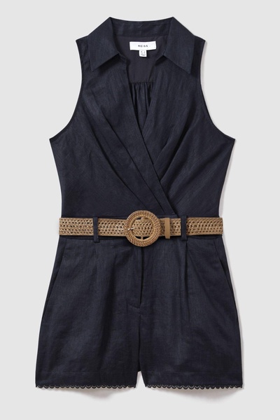 Linen Double Breasted Belted Playsuit in Navy