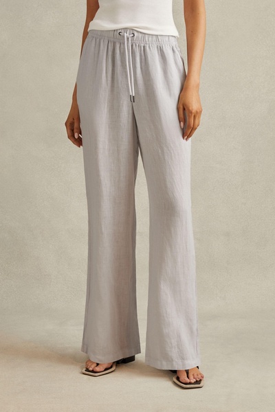 Garment Dyed Wide Leg 100% Linen Trousers in Dusty Blue