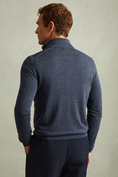 Merino Wool Half-Zip Funnel Neck Jumper in Dark Airforce Blue Melange