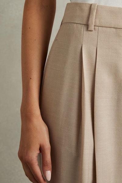 Petite Wool Pleat Front Wide Leg Suit Trousers in Neutral