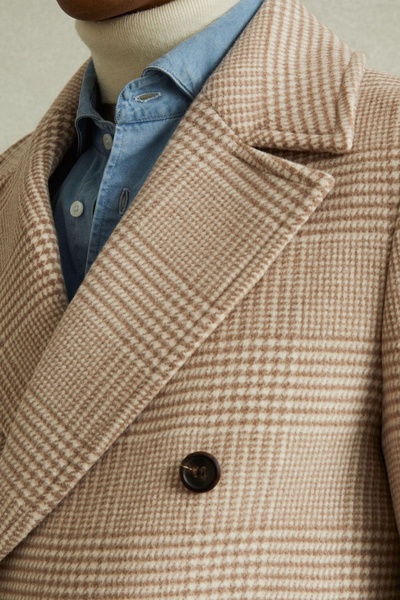 Wool Blend Double Breasted Peacoat in Oatmeal Check