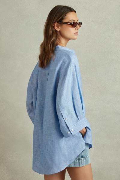 Relaxed Sleeve 100% Linen Shirt in Blue