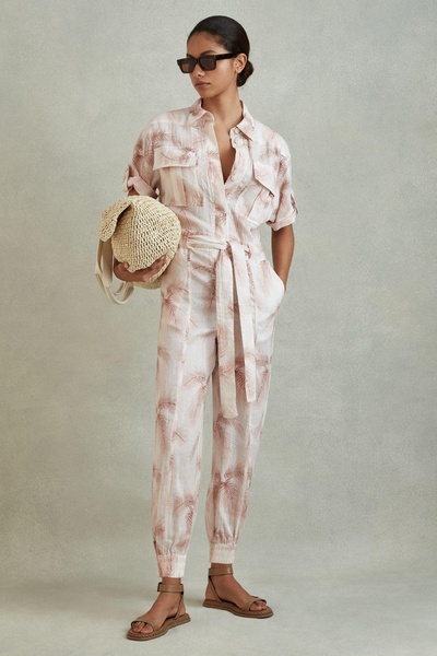 Linen Tropical Print Belted Jumpsuit in Blush