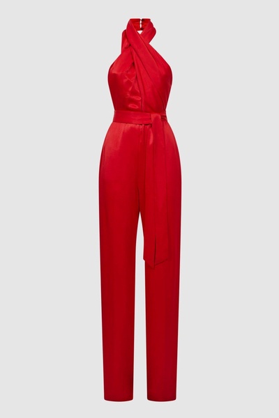 Satin Halter Neck Fitted Jumpsuit in Red