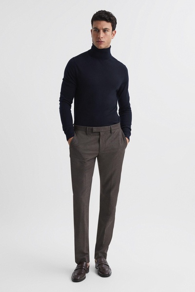 Slim Fit Merino Wool Roll Neck Jumper in Navy