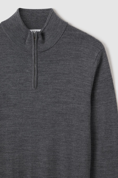 Merino Wool Half-Zip Funnel Neck Jumper in Mid Grey Melange