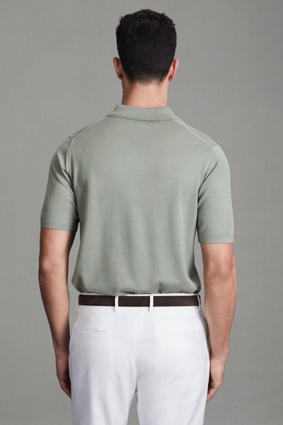 Merino Wool Open Collar Polo Shirt in Pistachio