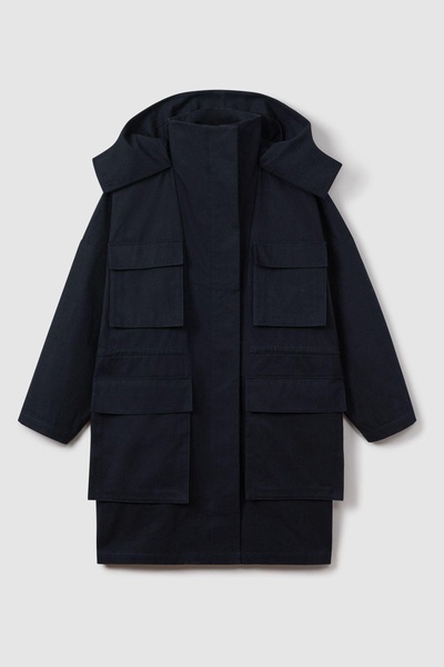 Cotton Parka Coat in Navy