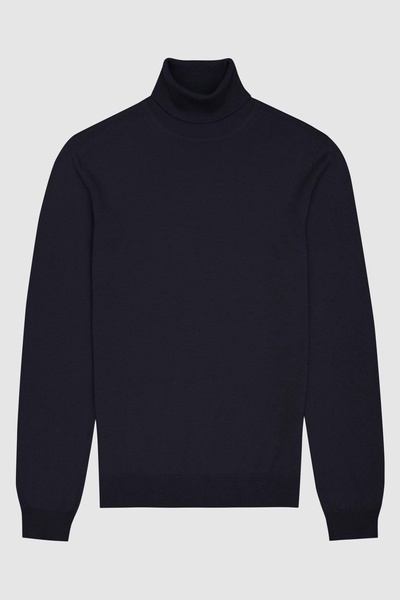 Slim Fit Merino Wool Roll Neck Jumper in Navy