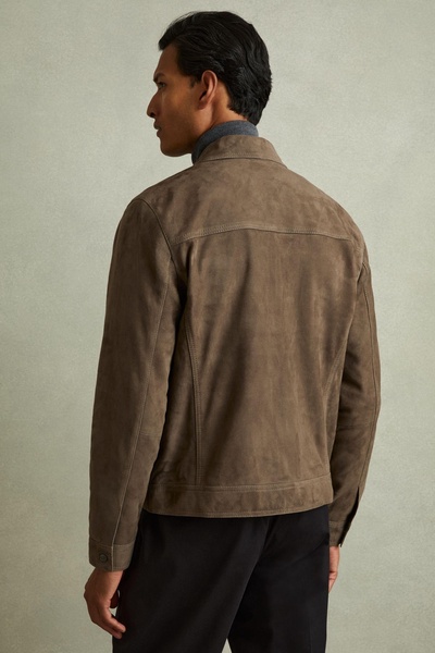 Suede Zip-Through Trucker Jacket in Light Charcoal Grey