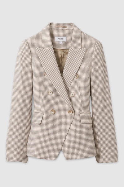 Petite Wool-Blend Double-Breasted Dogtooth Blazer in Beige Check