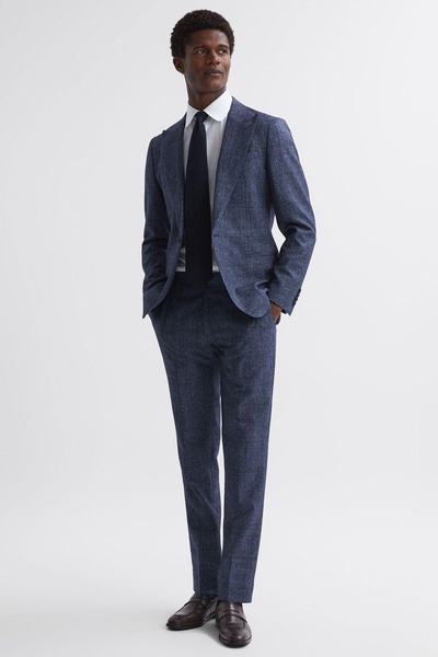 Slim Fit Wool-Linen Check Trousers in Indigo