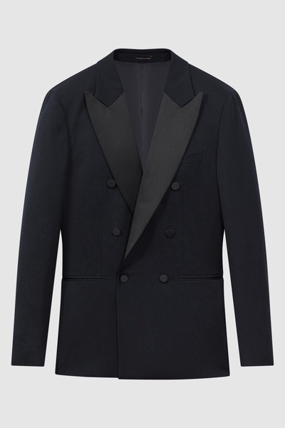 Modern Fit Satin Lapel Double Breasted Jacquard Blazer in Navy