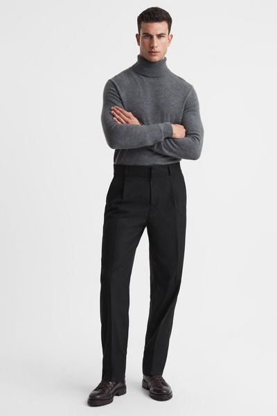 Slim Fit Flannel Trousers in Black