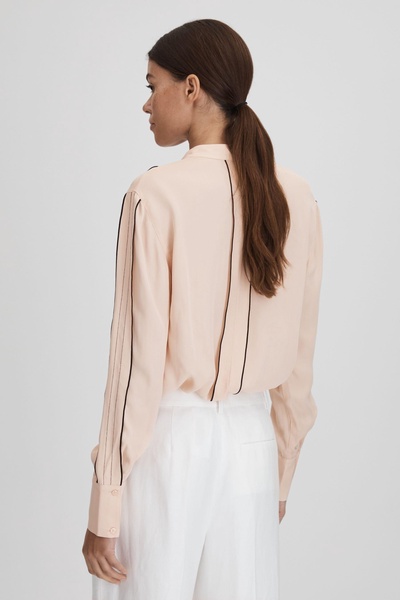 Contrast Trim Ruffle Blouse in Nude