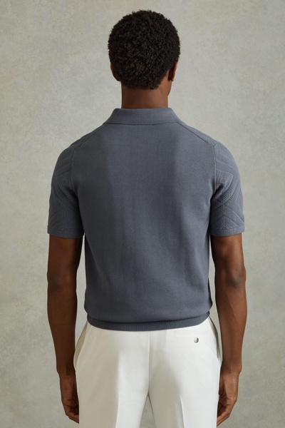 Cotton Textured Press-Stud Polo Shirt in Airforce Blue