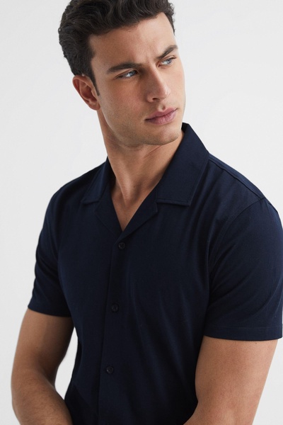 Mercerised 100% Cotton Jersey Cuban Collar Shirt in Navy