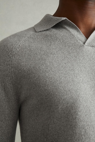 Wool-Cashmere Open-Collar Polo Shirt in Soft Grey Melange