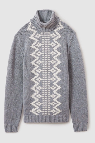 Wool Blend Fair Isle Roll-Neck Jumper in Grey