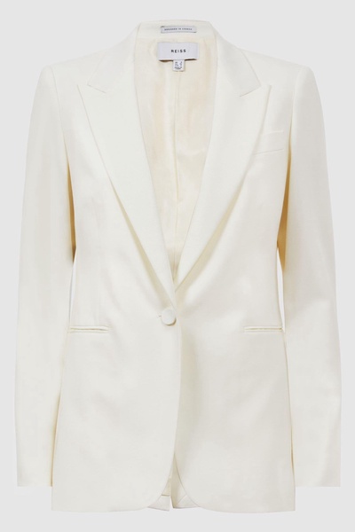 Tailored Fit Single Breasted Wool Suit Blazer in Off White