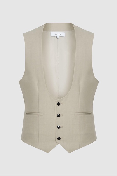 Horse Shoe Slim Fit Six Button Wool Waistcoat in Stone